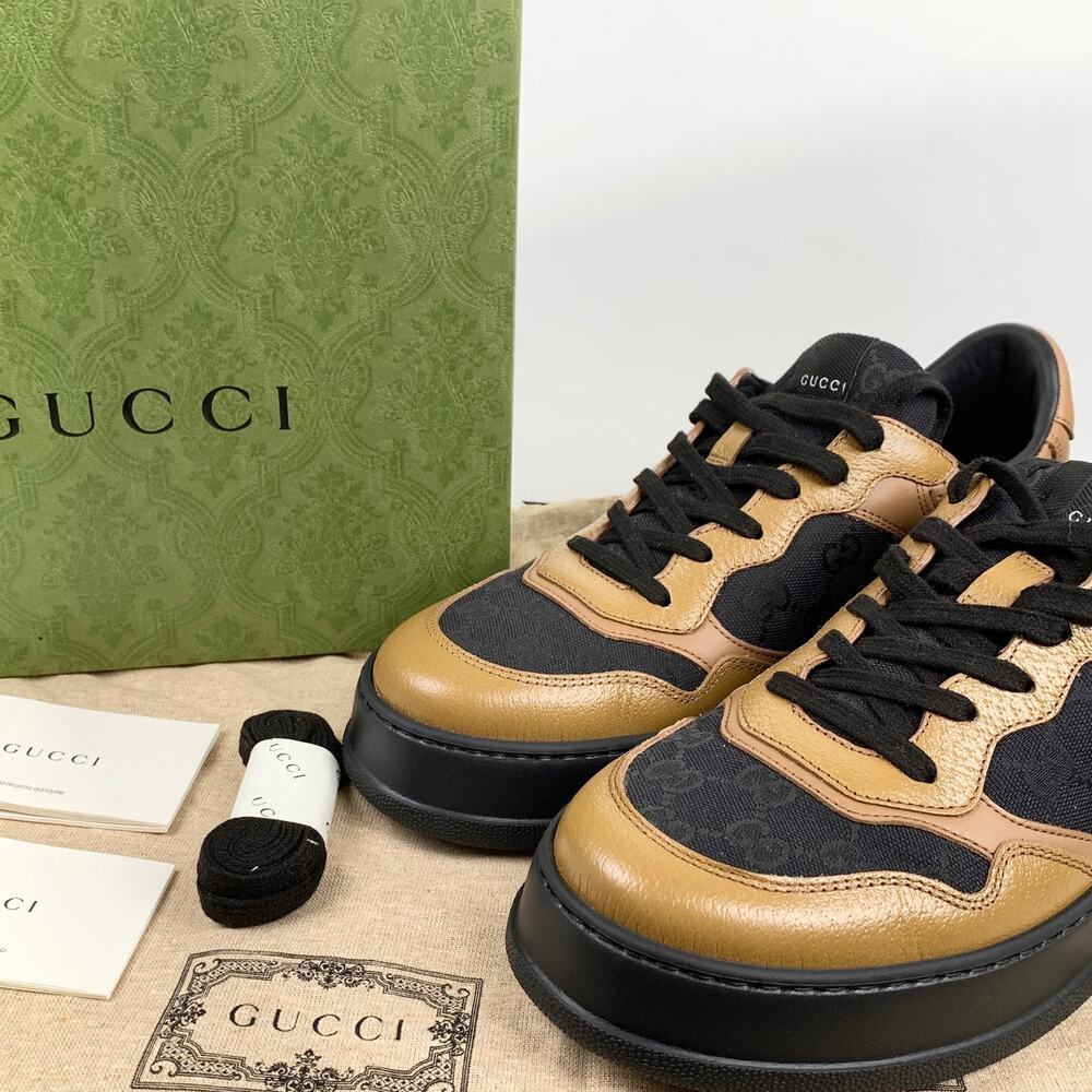 NIB Gucci panelled lace-up sneakers Size 8.5 Yellow Black Walk